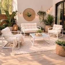 Neo 4 Piece Outdoor Patio Garden Furniture Set Cushions Metal Sofa Loveseat 2 Chairs Glass Coffee Table Balcony Backyard Conservatory 